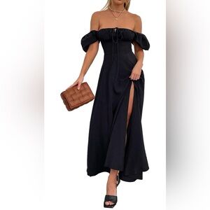 Women's Summer Puff Sleeve Floral Split Maxi Dress Flowy A Line